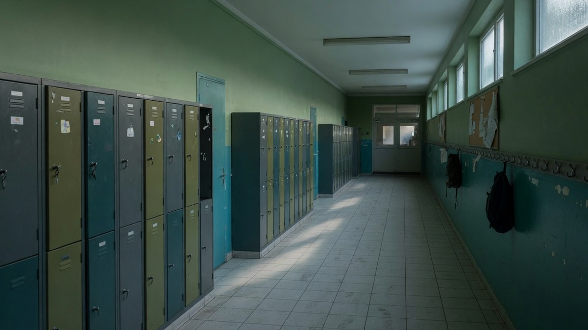 Couloir vide d'un lycée luxembourgeois avec casiers métalliques, lumière du matin, aucune personne visible
