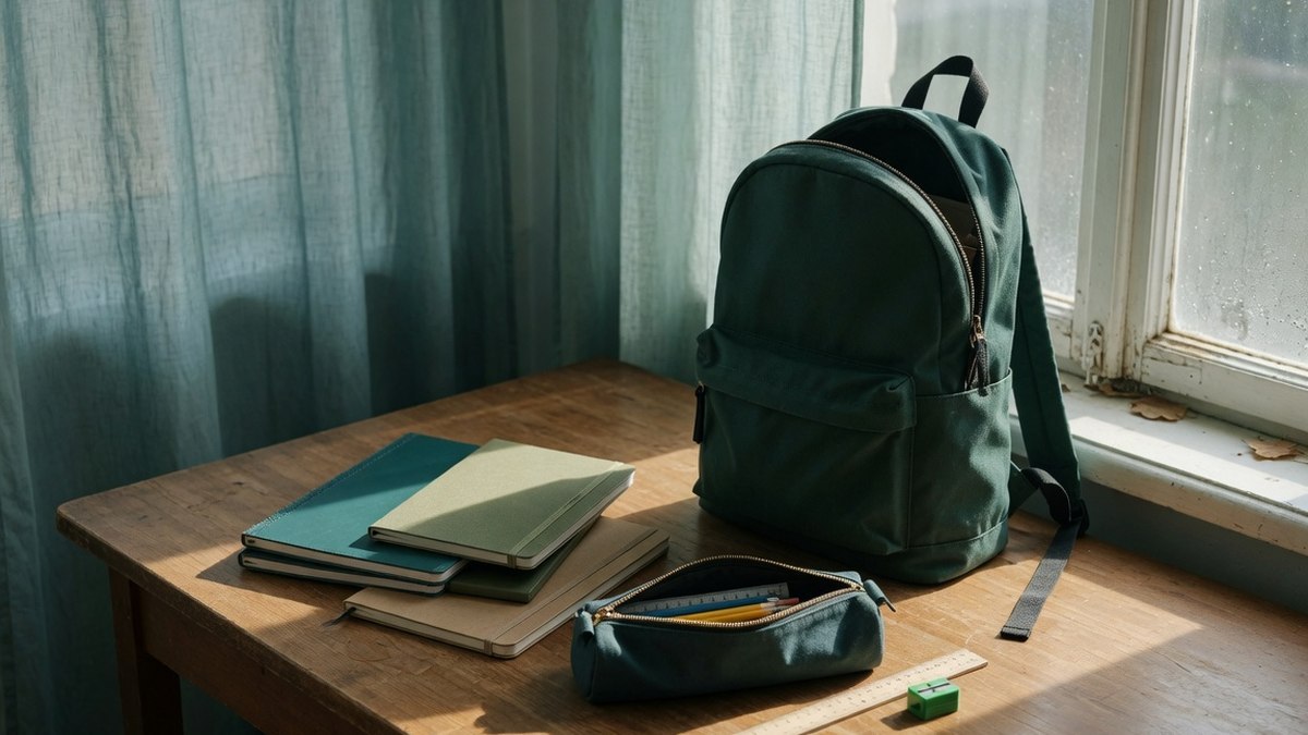 Fournitures scolaires neuves rangées sur une table en bois, sans personne visible