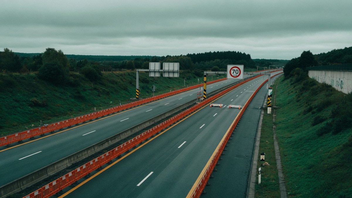 Chantier routier autoroutier avec panneaux de limitation de vitesse et barrières de signalisation, sans personne identifiable
