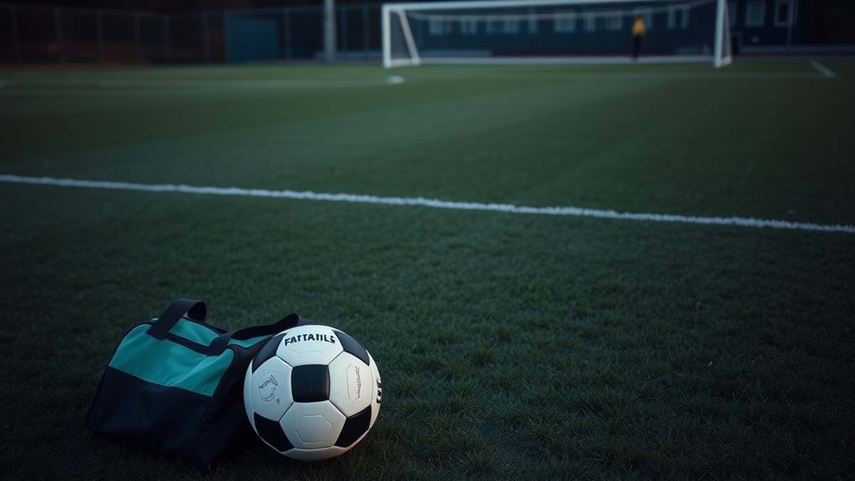 Un ballon et un sac de sport posés sur l'herbe d'un terrain vide en fin de journée, sans personne visible.