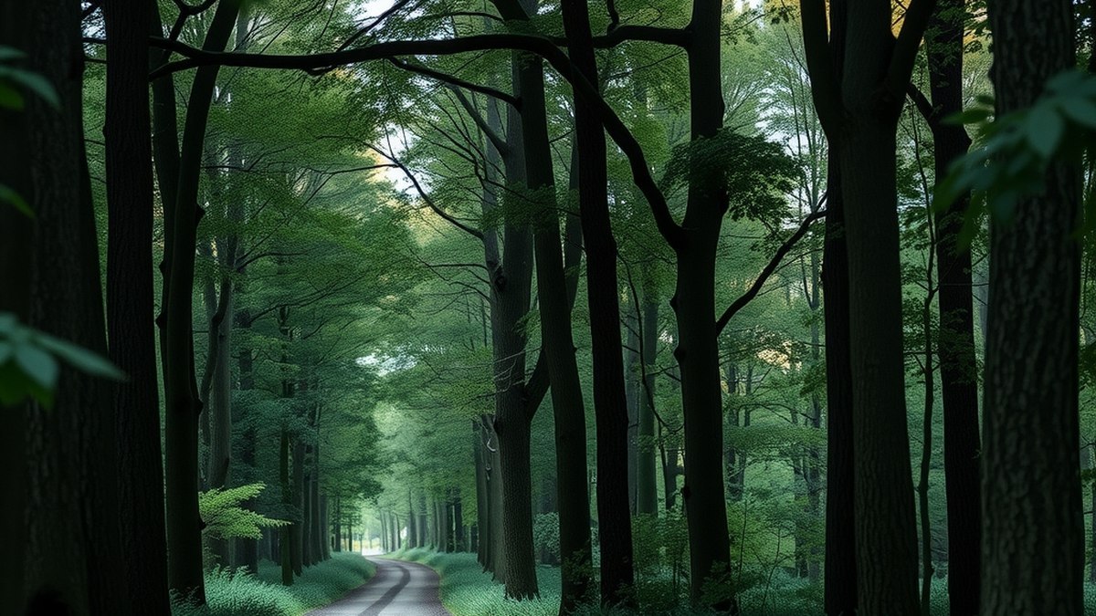 Sentier forestier luxembourgeois bordé de grands arbres, sans personne visible, lumière du matin
