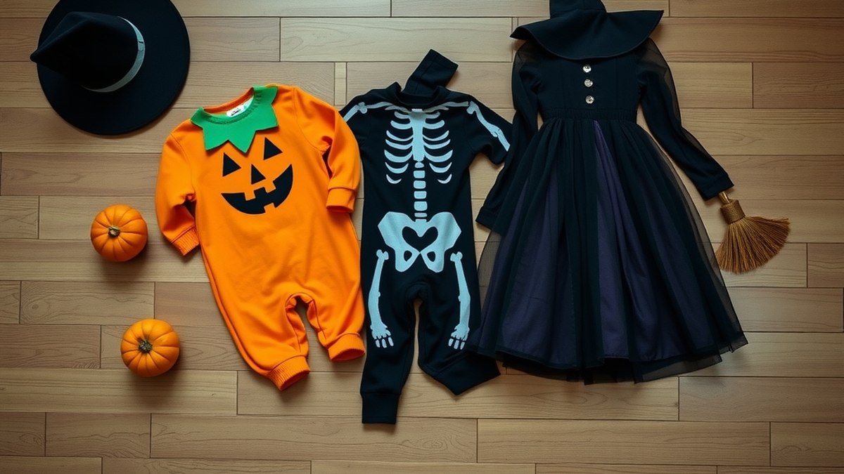 Déguisements d'Halloween génériques pour enfants posés à plat sur un parquet : citrouille, squelette et robe de sorcière, avec un chapeau pointu, un balai et deux petites citrouilles