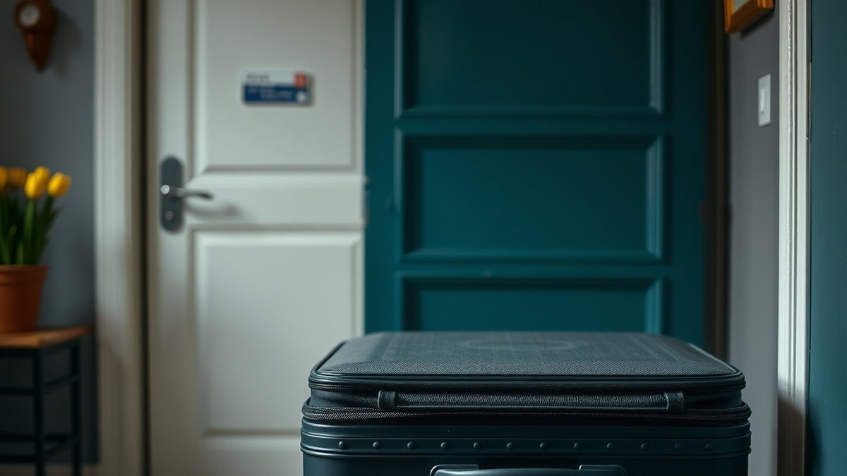 Une valise de voyage posée dans une entrée de maison luxembourgeoise, porte fermée à clé, sans personne visible