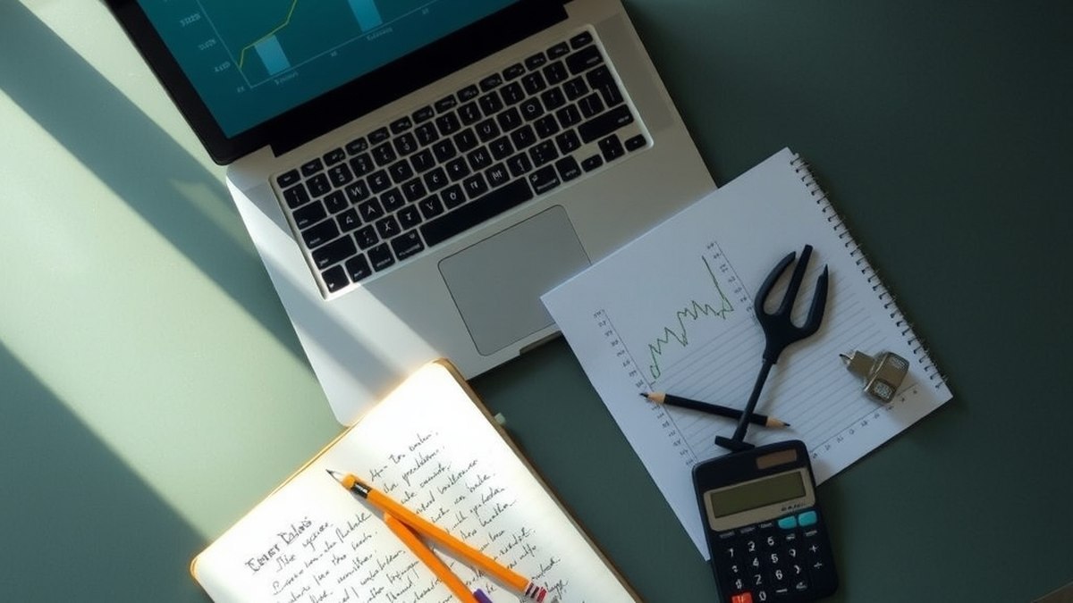 Un bureau d'étude avec un ordinateur portable affichant un graphique statistique, un cahier de notes et une calculatrice, sans personne visible.