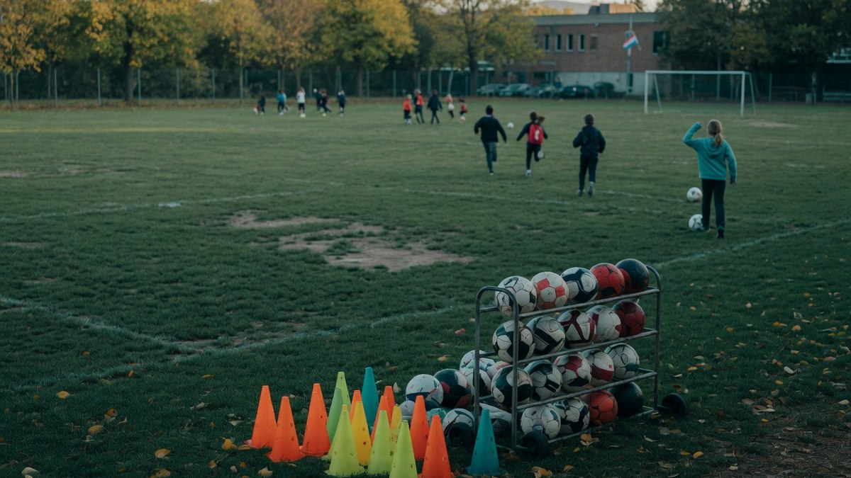 Terrain de sport d'une école luxembourgeoise en fin d'après-midi, ballons et plots au premier plan, enfants de dos et flous en arrière-plan.
