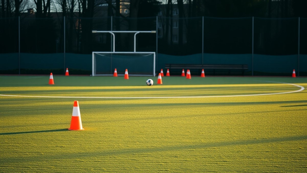 Terrain de sport scolaire vide avec des plots multicolores posés au sol, vu de loin sans personne
