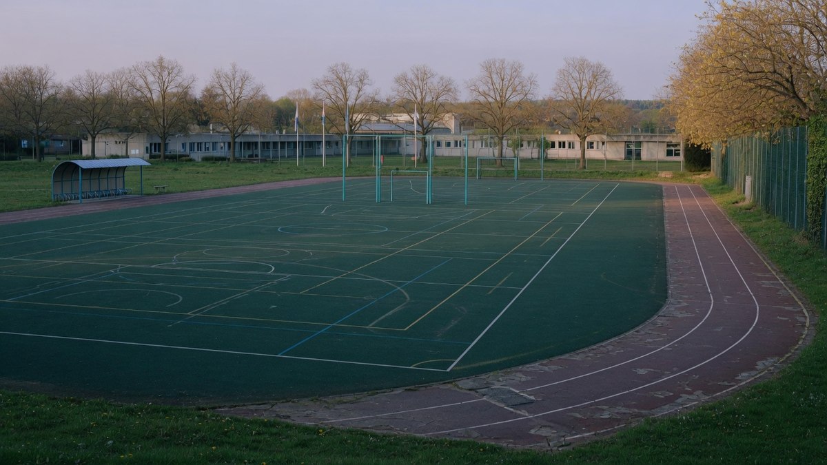 Terrain de sport extérieur vide avec des lignes tracées au sol, sans personne visible