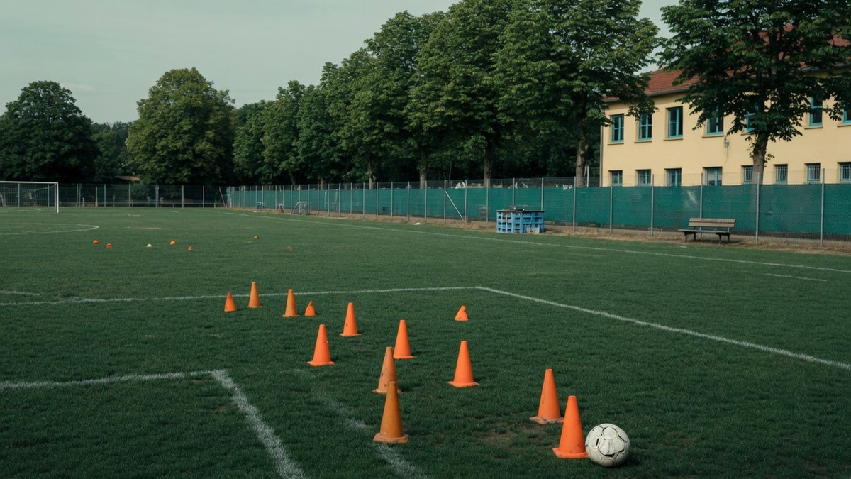 Terrain de sport extérieur vide avec plots d'entraînement et un ballon, sans personne visible