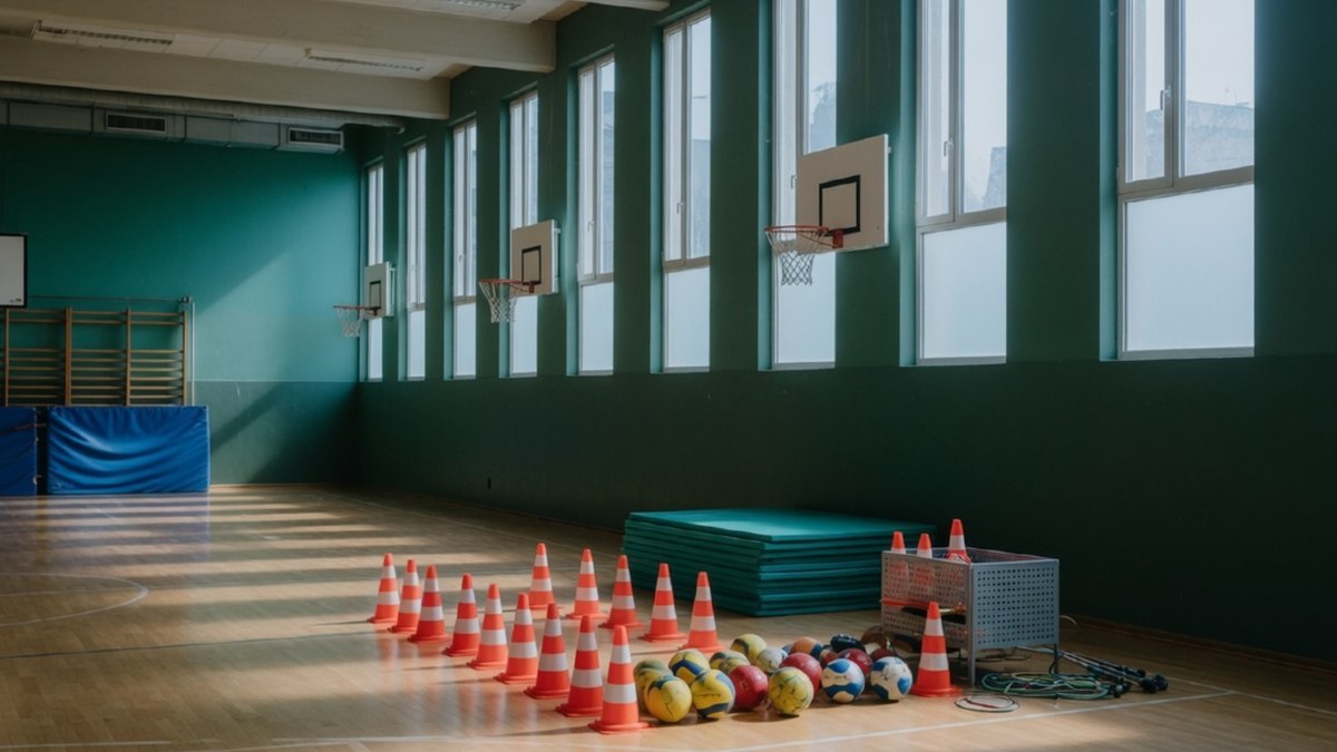 Vue large d'un gymnase scolaire vide avec du matériel de sport rangé, lumière naturelle, aucune personne visible