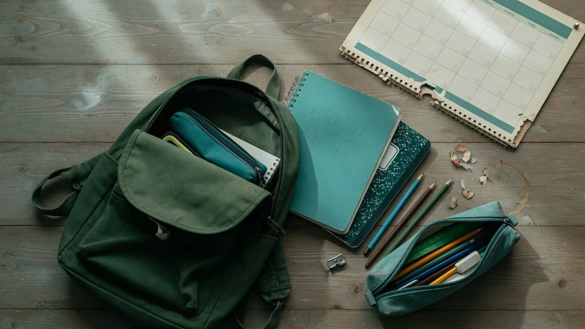 Cartable et fournitures scolaires posés à plat sur une table en bois, vue de dessus, aucun enfant visible