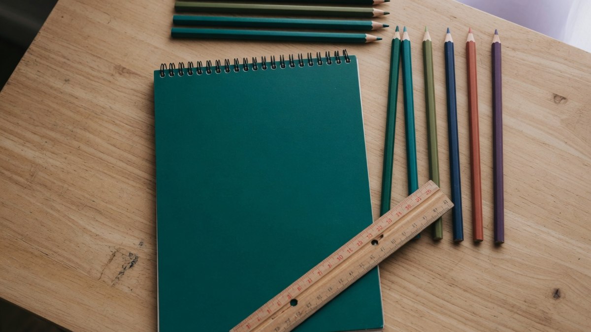 Cahier d'écolier, crayons de couleur et règle en bois posés sur un bureau, vue de dessus, sans personne visible.