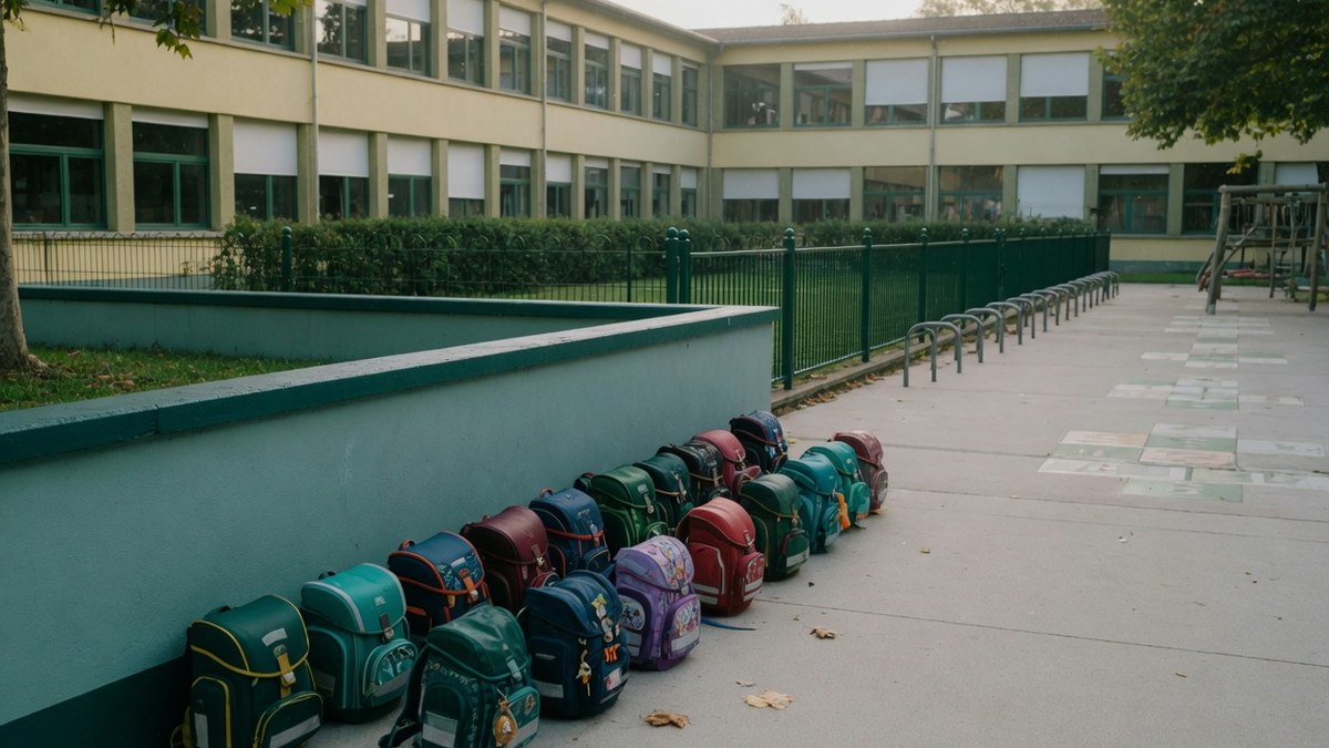 Cour d'école vide avec des cartables alignés contre un mur, lumière de fin d'été