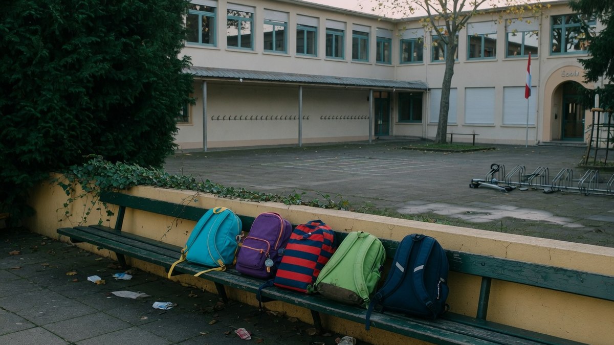 Cour d'une école fondamentale luxembourgeoise vue en plan large le matin, cartables alignés sur un banc, sans élève visible