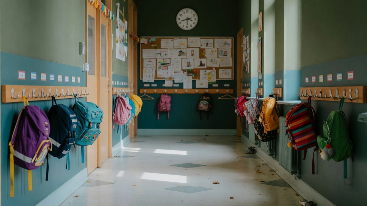 Couloir vide d'une école fondamentale luxembourgeoise avec portemanteaux et cartables, sans enfant visible, lumière du matin
