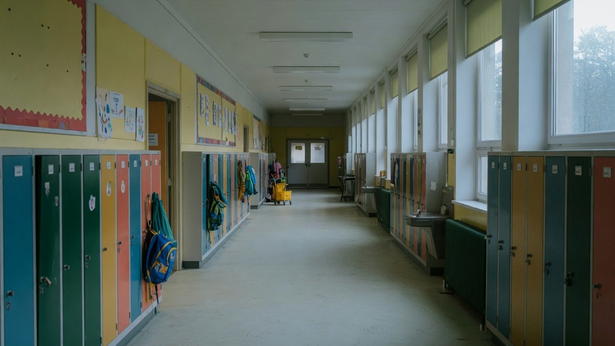 Couloir vide d'une école avec des casiers colorés et de la lumière naturelle, sans personne visible
