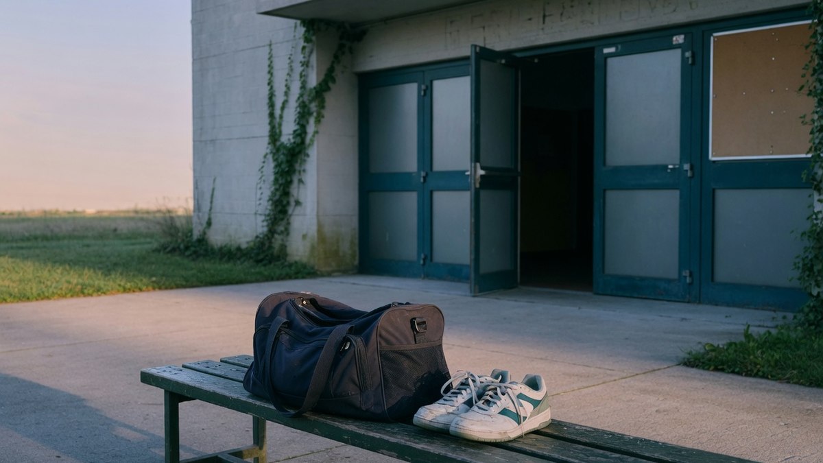Un sac de sport et des chaussures de sport posés devant un gymnase vide, lumière du matin
