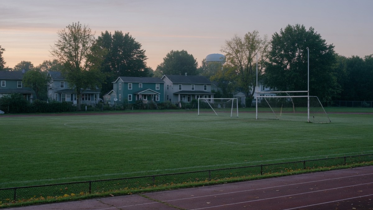 Terrain de sport communal vide avec buts de football et marquages au sol, tôt le matin