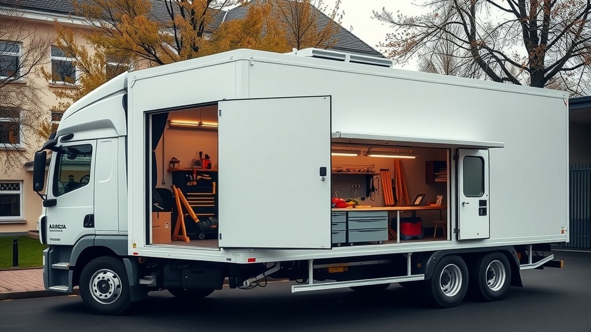Camion-atelier blanc stationné devant un lycée, porte latérale ouverte laissant voir du matériel d'atelier, aucune personne visible