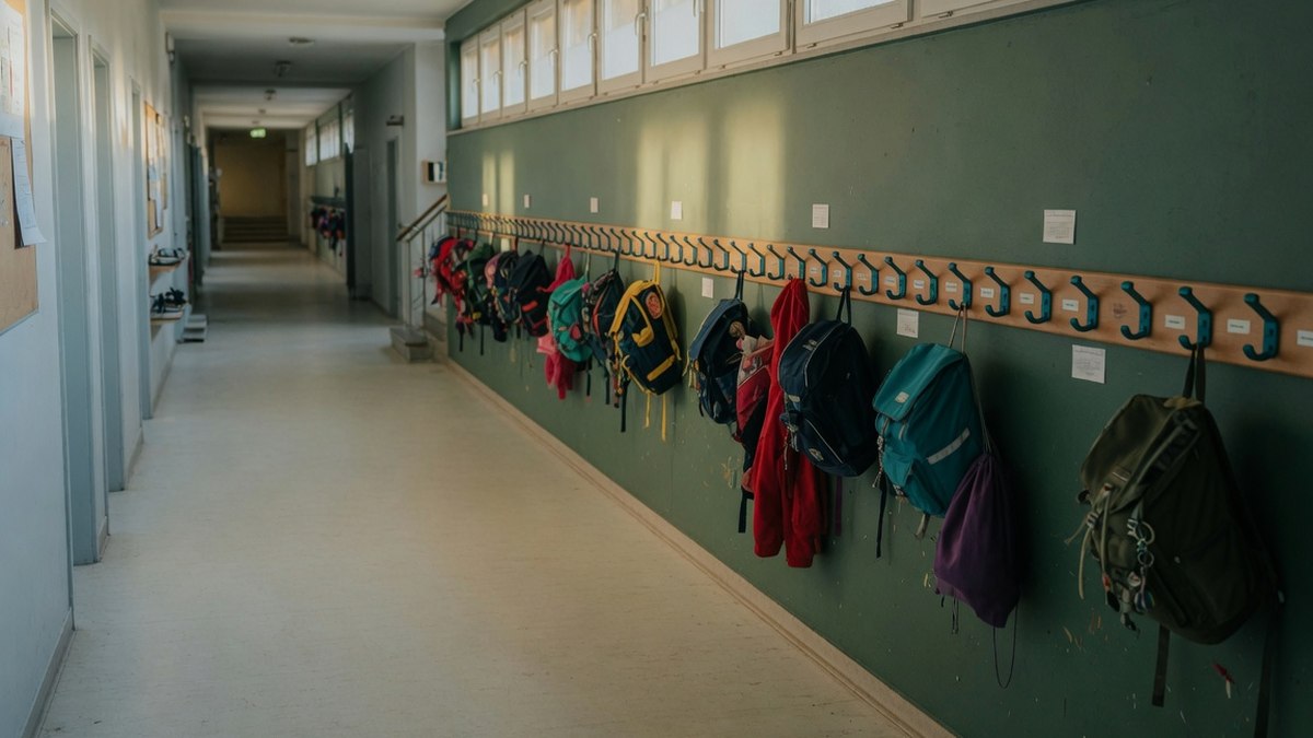 Couloir vide d'une école primaire luxembourgeoise avec des portemanteaux et des sacs à dos alignés