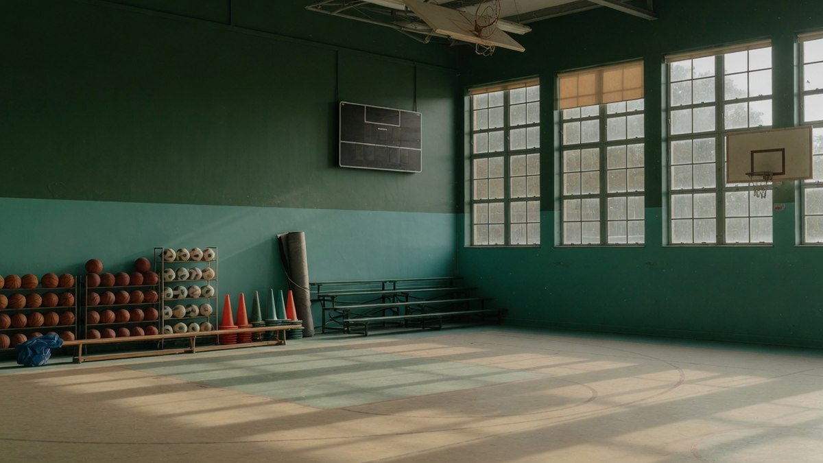 Un gymnase scolaire vide en fin d'après-midi, avec des ballons et des plots de sport rangés le long du mur, sans personne visible.