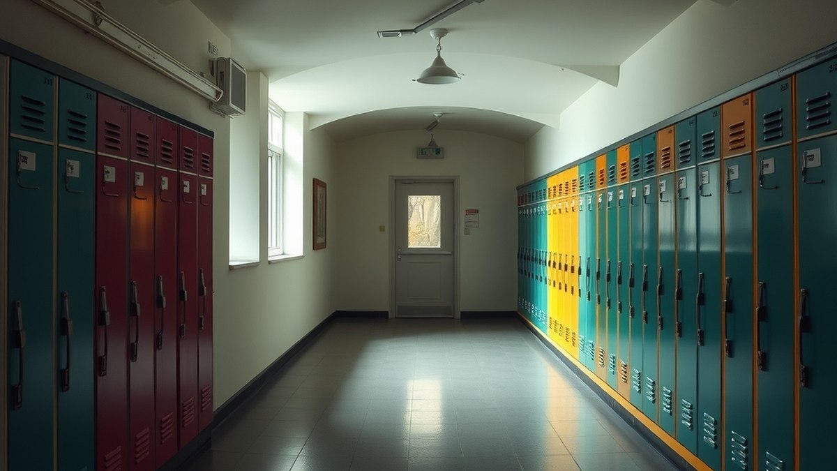 Un couloir d'école vide avec des casiers colorés et une fenêtre donnant sur un ciel d'automne