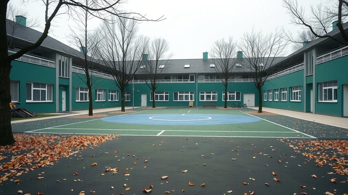 Cour d'une école fondamentale vide, avec des feuilles d'automne au sol et un portail ouvert