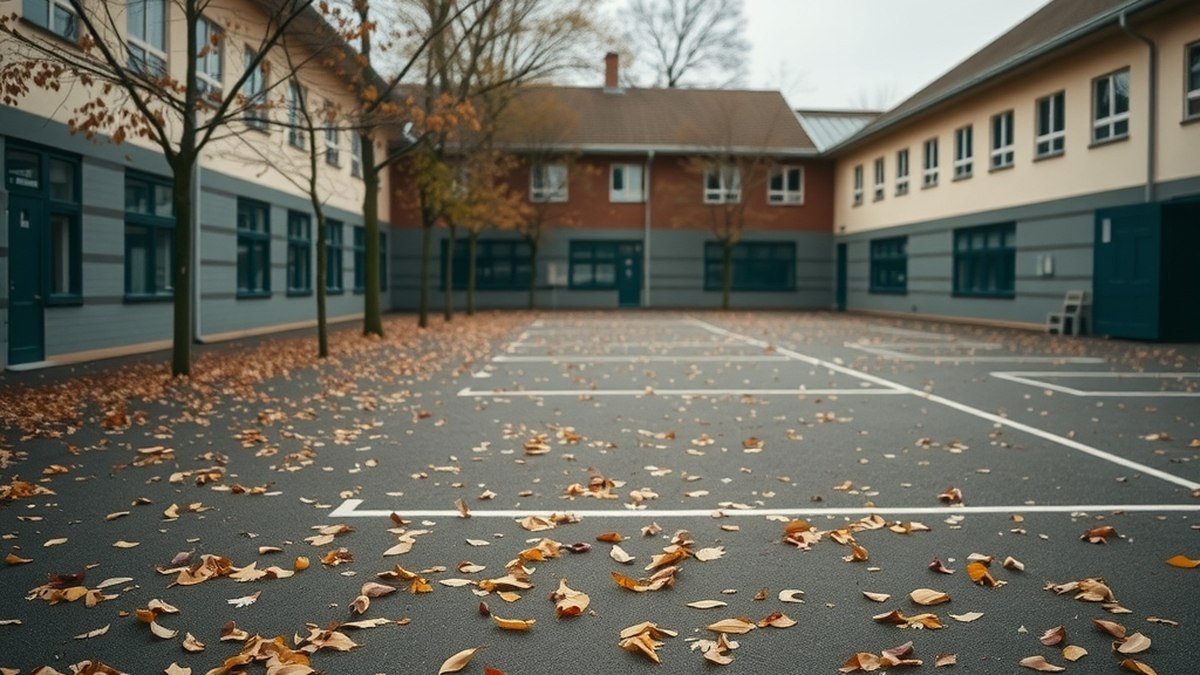 Cour d'école vide en automne, feuilles au sol, aucun enfant visible