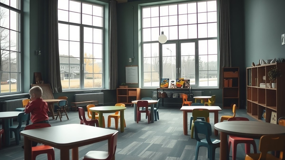 Salle d'activités vide avec tables et chaises colorées, lumière d'automne, aucun enfant visible