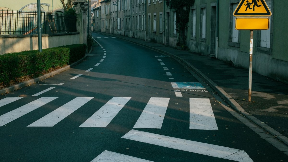 Passage piéton devant une école luxembourgeoise avec signalisation de sécurité, sans personne identifiable