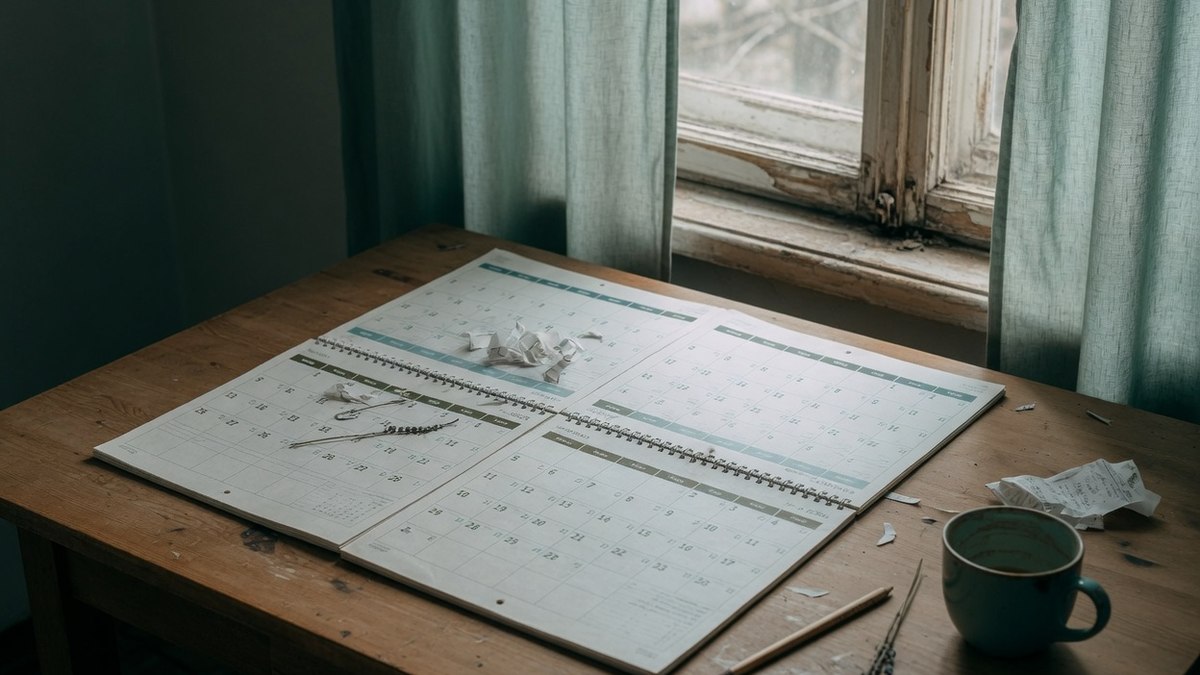 Un calendrier mural ouvert sur une table en bois, sans personne visible, avec un stylo posé à côté